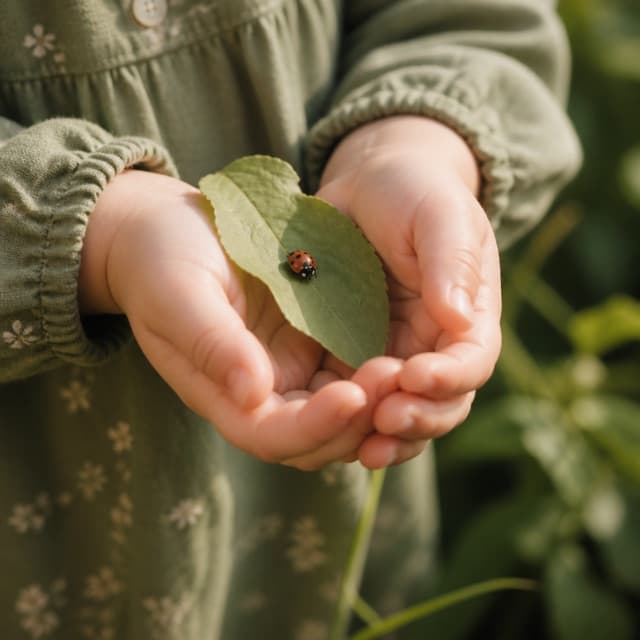 A small child's cupped hands holding a leaf with a ladybug on it.